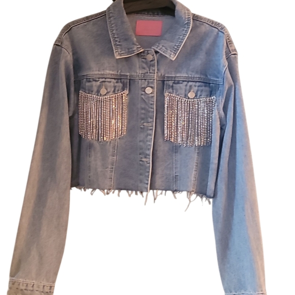 Azalea Wang Jackets & Blazers - Blue Cropped Jean Jacket with Fringe